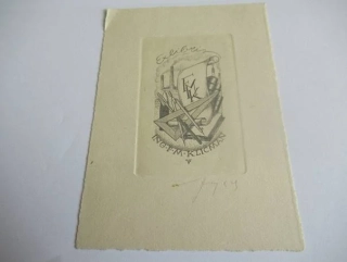 Exlibris – Ing. F. M. Klicman – Vítězslav Fleissig – motiv: Technické rýsovací pomůcky (kružítko, příložník, svitek s monogramem) – 13×9 cm – lept (C3) – 1929