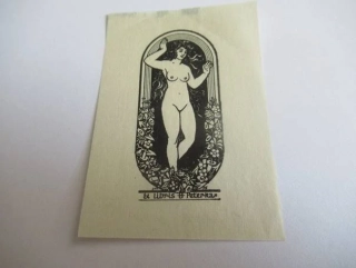 Exlibris – Peterka – O. Mařík – motiv: Stojící ženský akt v secesním květinovém portálu – 7×5 cm – zinkografie (zk)