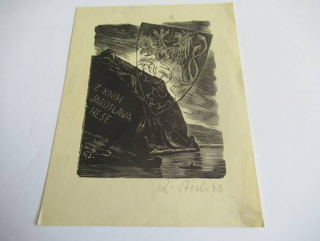 Z knih Jaroslava Hese – Karel Štěch – motiv: Hrad Zvíkov nad vodní hladinou s českým lvem – 13,5×10,5 cm – dřevoryt (X2) – 1943