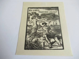 Exlibris – František Záleský – Ervín Kotrba – motiv: Horník (havíř) studující knihu s Múzou a ostravskými doly – 13×10,5 cm – dřevoryt (X2)
