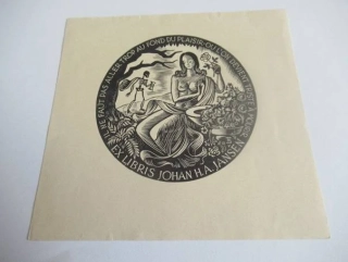 Exlibris – Johan H. A. Jansen – F. Stummvoll – motiv: Polonahá žena s růží u kašny a Smrtka s přesýpacími hodinami (Vanitas) – 12×12,5 cm – dřevoryt (X2)