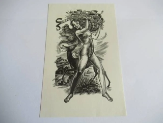 Exlibris – G. J. Rhebergen jr. – L. De Jaegher – motiv: Diana (Nymfa) s jelenem a košem ovoce – 14,5×9 cm – dřevoryt (X2)
