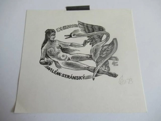 Exlibris – Vilém Stránský – E. V. Terechov – motiv: Léda s labutí (Erotický akt) – 11×10 cm – dřevoryt (X2) – 1983