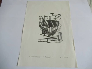 Exlibris – N. Tõnisson – German Ratner – motiv: Třístěžňová plachetnice, kružidlo a svitek papíru – rozměry 20,5×14 cm – dřevoryt / linoryt (X2) – cca 1970–1980
