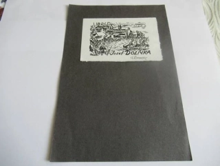 Exlibris – Josef Dolinka – Alois Moravec – motiv: Výlov rybníka – exlibris 7×10,5 cm (podkladový papír 21×14 cm) – linoryt / dřevoryt – cca 1950–1970