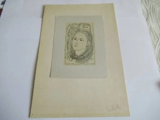 Exlibris – Z knih Jožky Bati – Karel Svolinský – motiv: Portrét Boženy Němcové, v pozadí dvě postavy a dívčí hlava – exlibris 13×9,5 cm (podkladový papír 22×14,5 cm) – kresba s podtiskem – 1942