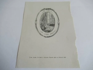 Exlibris – Dr. Jaro Malý – Jaroslav Vozáb – motiv: Interiér s loutnou, knihou a vázou v oválném rámu – rozměry 15×11 cm – zinkografie / tisk z výšky – 1940