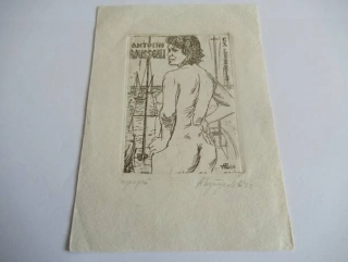 Exlibris – Antoine Rousseau – Alexander Butusov – motiv: Ženský akt v přístavu s plachetnicemi – rozměry 14,5×10 cm – lept (C3) – 1964