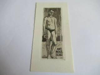 Exlibris – Ant. Rousseau – Alexander Butusov – motiv: Stojící mužský akt u břízy – rozměry 11,5×5,5 cm – lept / rytina – 1964
