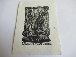 Exlibris – Reinhilde van Gysel – John Dix – motiv: Expresivní figurální kompozice se dvěma postavami a lebkou – rozměry 10,5×7,5 cm – dřevoryt (X2) – 2. polovina 20. století