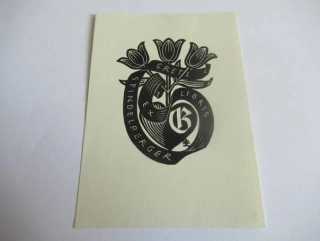 Exlibris – Gretl Spindelberger – Karl Haselböck – motiv: Florální a heraldická kompozice s tulipány a iniciálou G – rozměry 10,5×7,5 cm – dřevoryt (X2) – rok 1957