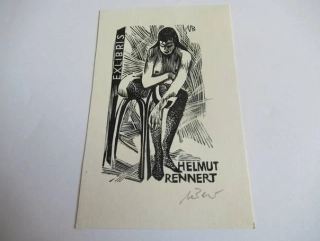 Exlibris – Helmut Rennert – Uve Bewersdorff – motiv: Expresivní ženský akt na barové stoličce – rozměry 11×7 cm – dřevoryt (X2) – období NDR (DDR)