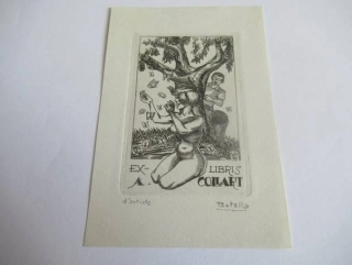 Exlibris – A. Collart – Juan Vicente Botella – motiv: Romantická figurální a přírodní kompozice s klečícím ženským aktem a motýly – rozměry 10×7 cm – autorský tisk (Épreuve d'artiste) – rok 1978