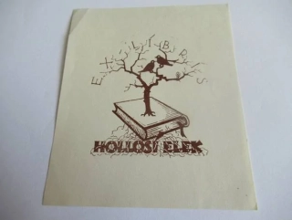 Exlibris – Hollósi Elek – Margit Schwartz – motiv: Ptáci na suchém stromu vyrůstajícím z knihy – rozměry 11,5×9,5 cm – zinkografie (P1) / tisk z výšky – rok 1927