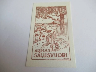 Exlibris – Armas Salusvuori – A. Mikola – motiv: Severská krajina s pařezem, květinou a vzrostlým stromem – rozměry 8,5×5 cm – zinkové klišé / pérovka (P1) – 1. polovina 20. století
