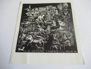 Exlibris – Dott. Nerone Santagiuliana – Ferenc Bordás – motiv: Kubisticko-expresivní surrealistická koláž s architekturou, figurami a zvířaty – rozměry 14,5×13,5 cm – dřevoryt / linoryt (X2 / X3) – rok 1969
