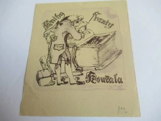 Exlibris – Knihy Franty Koutala – O. Karel – motiv: Historický knihomil s brýlemi studující obří svazky – rozměry 10×8,5 cm – zinkové klišé / pérovka (P1) – 1. polovina 20. století