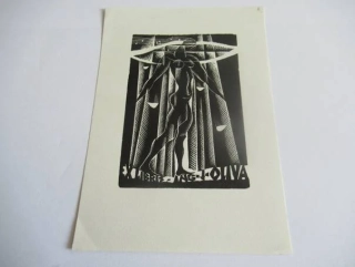 Exlibris – Ing. J. Oliva – A. Grmelová – motiv: Expresivní ženský akt na pozadí divadelní opony s hudebními motivy – rozměry 15×10,5 cm – linoryt (X3) / dřevoryt (X2) – 2. polovina 20. století