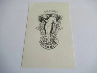 Exlibris – Szigeti István – Ferenc Helbing – motiv: Secesní ženský akt v květech s pavím perem – rozměry 15×9,5 cm – zinkové klišé / pérovka (P1) – začátek 20. století