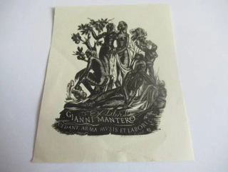 Exlibris – Gianni Mantero – Nelly Degouy – motiv: Bohatá alegorická kompozice s antickými figurálními akty pod ovocným stromem – rozměry 11×9 cm – dřevoryt (X2) – 2. polovina 20. století