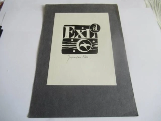 Exlibris – AL – Jaroslav Šváb – motiv: Moderní typografická a symbolistická kompozice s nápisem Ex, iniciálami a letící vlaštovkou v měsíci – rozměry 21×14,5 cm (včetně podkladu) – linoryt / dřevořez – 2. polovina 20. století