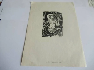 Exlibris – Ing. O. Hradečný – Jaroslav Vodrážka – motiv: Klasický poloakt ženy s holubicí a kvetoucí ratolestí – rozměry 20,5×14 cm – linoryt (X3) – rok 1963