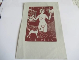 Exlibris – F. E. Pěta – Alois Moravec – motiv: Ženský akt s otevřenou knihou, obrazem růže a psem – rozměry 21×13,5 cm – barevný linoryt / dřevoryt – rok 1933