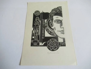 Exlibris – L. Lamač – Dušan Janoušek – motiv: Avantgardní kompozice s mužským portrétem, ženským aktem, okem a květem karafiátu – rozměry 14,5×10,5 cm – dřevoryt (X2) – rok 1981