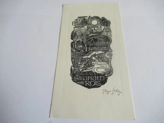 Exlibris – Siegfried Rois – Toni Hofer – motiv: Komplexní alegorická kompozice s průmyslovou krajinou, hudebními motivy, portrétem a architekturou – rozměry 16×8,5 cm – dřevořez (X1) – rok 1960