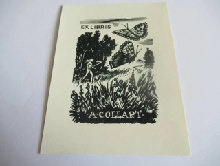 Exlibris – A. Collart – H. Silberský – motiv: Přírodní a figurální scenérie s ženskou postavou a dvěma velkými motýly – rozměry 11,5×8,5 cm – dřevoryt (X2) – 2. polovina 20. století