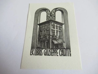 Exlibris – Giuseppe Cauti – Anatoli Kalaschnikow – motiv: Architektura paláce pod monumentálními oblouky s nápisem Casa Dolce Casa – rozměry 9,5×7 cm – originální dřevoryt (X2) – 2. polovina 20. století