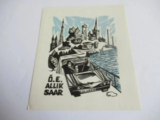 Exlibris – Õ. E. Alliksaar – J. Tammsaar – motiv: Dvoubarevná moderní kompozice s mužem v automobilu, řekou a siluetou města Tallinnu – rozměry 10,5×9 cm – barevný linoryt / dřevořez (X3 / X1) – 2. polovina 20. století