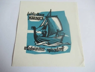 Exlibris – Włodzimierz Egiersdorff – Edward Grabowski – motiv: Dvoubarevný námořní motiv s vikinskou lodí ve vlnách – rozměry 12,5×12 cm – barevný dřevoryt (X2) – rok 1964