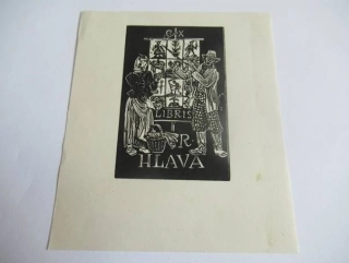 Exlibris – R. Hlava – Jaroslav Vodrážka – motiv: Jarmareční píseň a kramářské divadlo s vypravěčem ukazujícím na tabuli s příběhy – rozměry 11,5×10 cm – dřevoryt (X2) – rok 1961