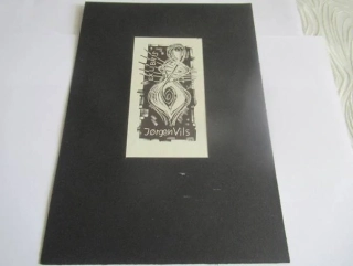 Exlibris – Jørgen Vils – Erhard Zierold – motiv: Abstraktní figurální kompozice (stylizovaný ženský akt) – rozměry 11,5×6,5 cm – rytá pryž / autorské razítko (X6) – rok 1972
