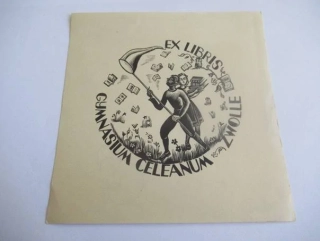 Exlibris – Gymnasium Celeanum Zwolle – Dora Geldzahler – Lov na létající knihy – dřevoryt (X2), 12×12 cm
