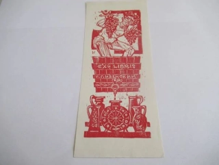 Exlibris – S. G. Ivensky – Remo Wolf – Sběr vína a lisování v sudu – dřevořez (X1), 18,5×7,5 cm