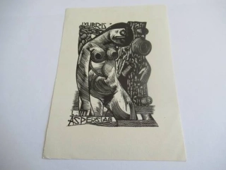 Exlibris – L. Asperslag – Jan Battermann – Kubistický akt ženy u stromu – dřevořez (X1), 14×10 cm