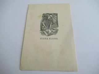 Exlibris – Stáňa Klásek – Rudolf Karásek – Grafik v ateliéru při rytí štočku – dřevoryt (X2), 11×7,5 cm