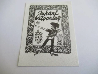 Exlibris – Juhani Avonius – Hugo Hiibus – Malíř s paletou v barokním rámu – zinkografie, 7×5,5 cm