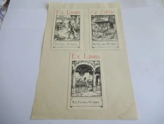 Konfluent 3 kusů exlibris – M. C. J. L. van Nispen – Anton Pieck – Historické knižní trhy a čítárna – zinkografie, podkladový papír 21×14 cm