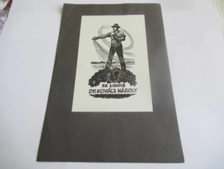 Exlibris – Dr. Kovács Károly – Várkonyi Károly – Rozsévač na poli s klíčícím plodem – dřevoryt (X2), podkladový papír 21×14 cm