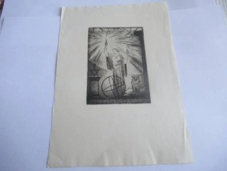 Exlibris – F. Kotrnovská – Alessandro de Pian – Alegorie Vědy s pochodní, sovou a astrolábem – lept (C3), 20×14,5 cm