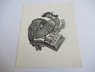 Exlibris – Semen Ivensky – A. T. Nagovizyn – Zpívající kohout na rozevřené knize – dřevoryt (X2), 10,5×9 cm