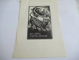 Exlibris – Yvetta Gályová – Harmos Károly – Souboj býka s vlkem ve víru – dřevoryt (X2), 21×14,5 cm