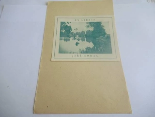 Exlibris – Jiří Horal – Krajinná momentka s vodní hladinou a stromy – světlotisk, podkladový papír 20,5×13 cm