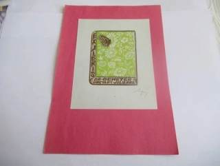 Exlibris – Dr. Demeter Ungváry Julianna – Kósa Bálint – Motýl v rozkvetlé louce – barevný dřevoryt, podkladový papír 20,5×14 cm