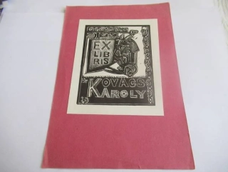 Exlibris – Dr. Kovács Károly – Józsa János – Hlava koně pod kovaným vývěsním štítem – linoryt (X3), podkladový papír 20,5×14,5 cm