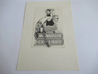 Exlibris – M. Narusk – Pille Otti – Žena v lidovém kroji se snopem obilí – zinkografie (P1), podkladový papír 15×10 cm