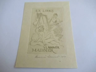 Ex Libris Vladimír Maisner – Vladimír Maisner – Akt ženy na oblaku pod malířským stojanem – lept / mědiryt (C2 / C1), tisk Karl Maisner, 12×8,5 cm